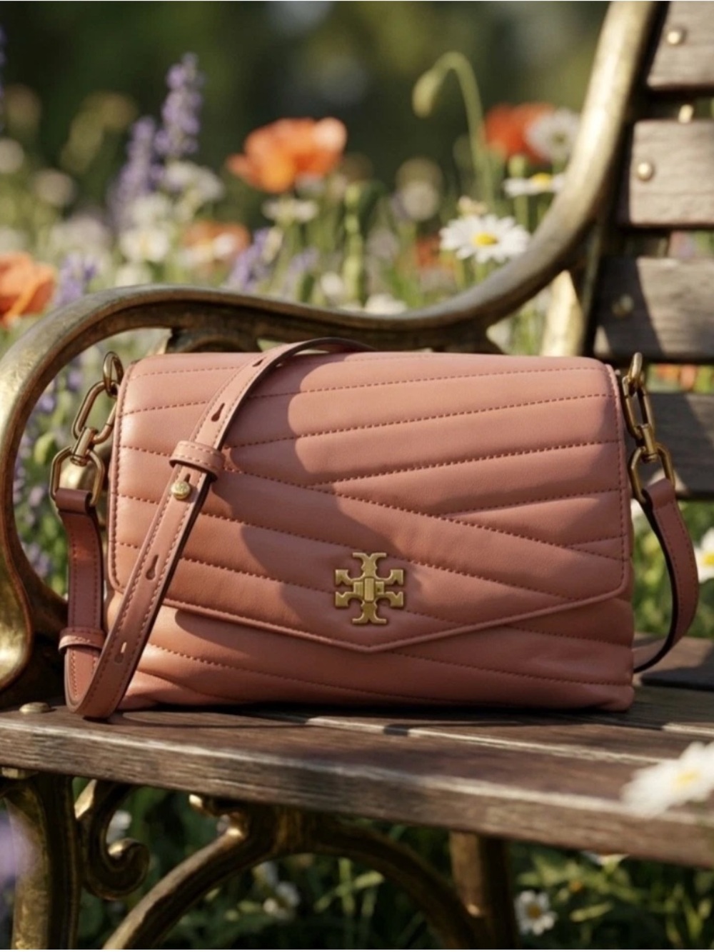 NEW Tory Burch Kira Chevron Convertible/Crossbody Bag Toasted Pecan Pink Leather